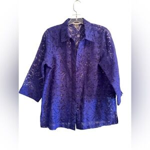 Allison Daley Deep Purple Sheer Button Down Blouse Womens 8 Lovely Summer Top